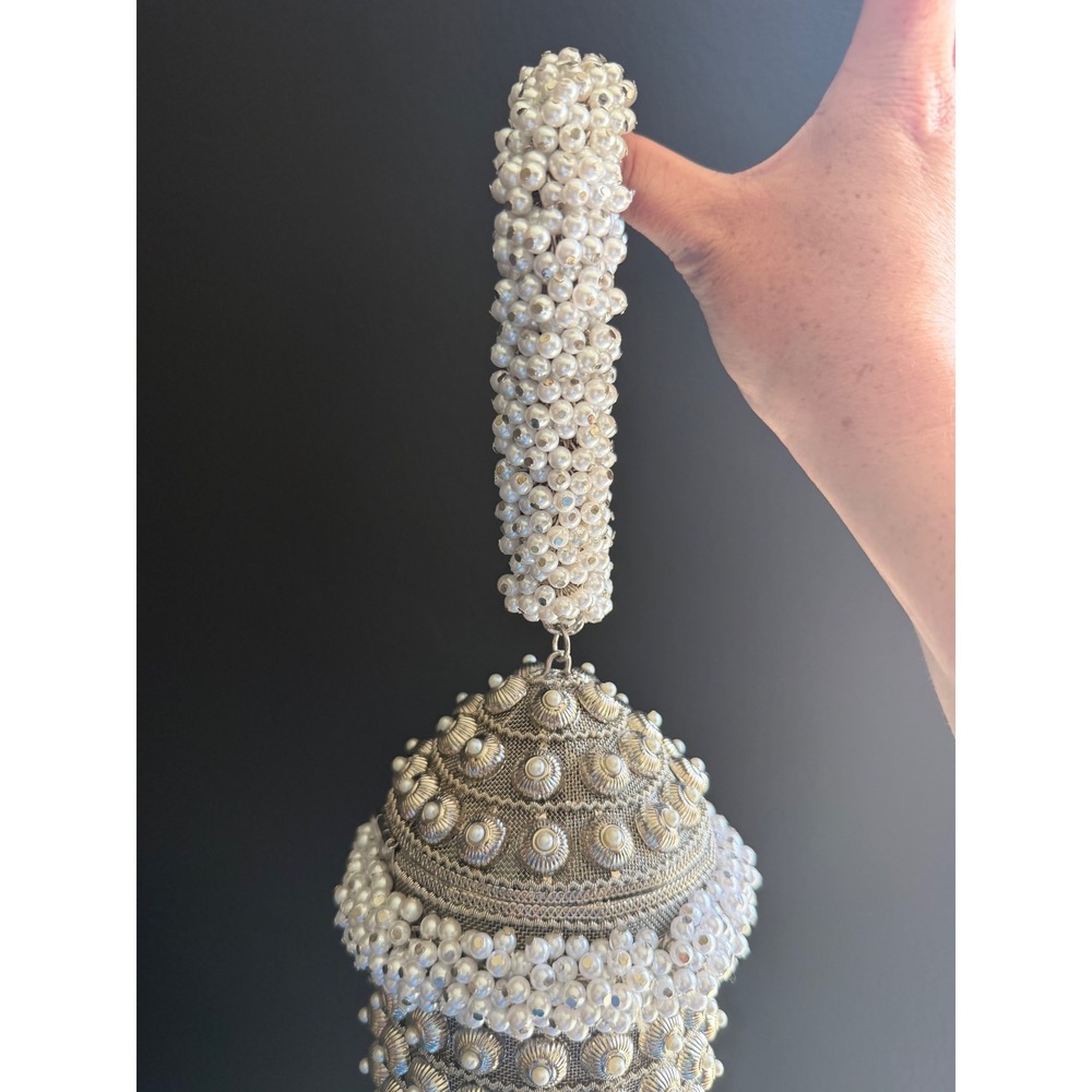 Ramla Cocktail Pearl Signature Bag OS Silver White Beaded Lantern Evening Bag - Picture 4 of 10